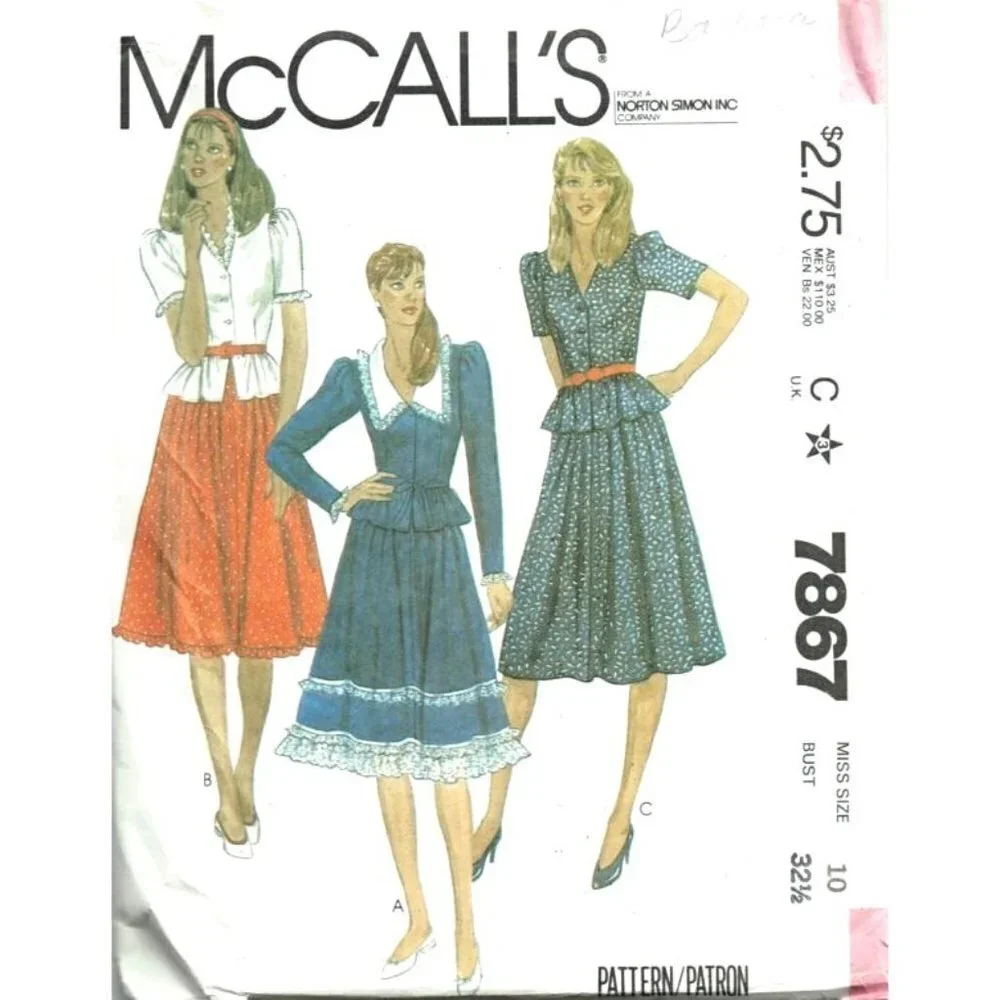 McCalls‎ Sewing Pattern 7867 Top Skirt Tie Belt Misses Size 10